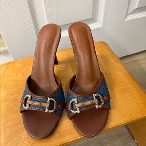 CC Boutique Brown Leather & Blue Denim Slide Heels with Gold Buckle